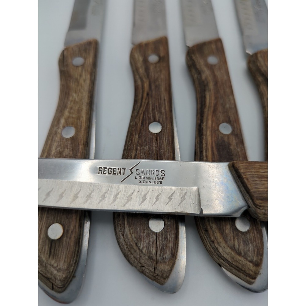 Vtg 5 Regent Swords Lightning Japan SS Steak Knives Full‎ Tang Wood Handle READ